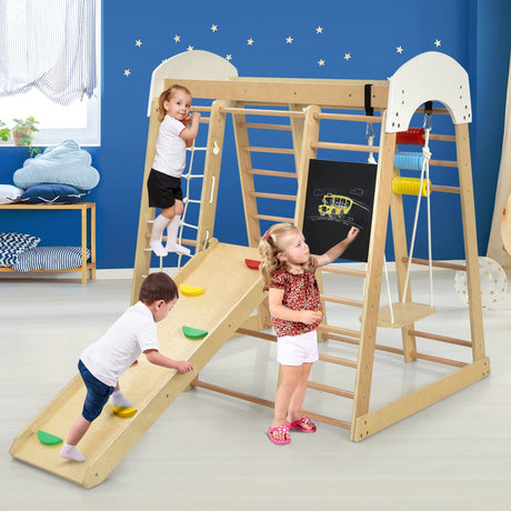 Costzon Indoor Jungle Gym, 8-in-1 Climbing Toys for Toddlers with Slide, Climbing Rock/Net, Monkey Bars, Drawing Board, Abacus Game and Swing, Wooden Costzon