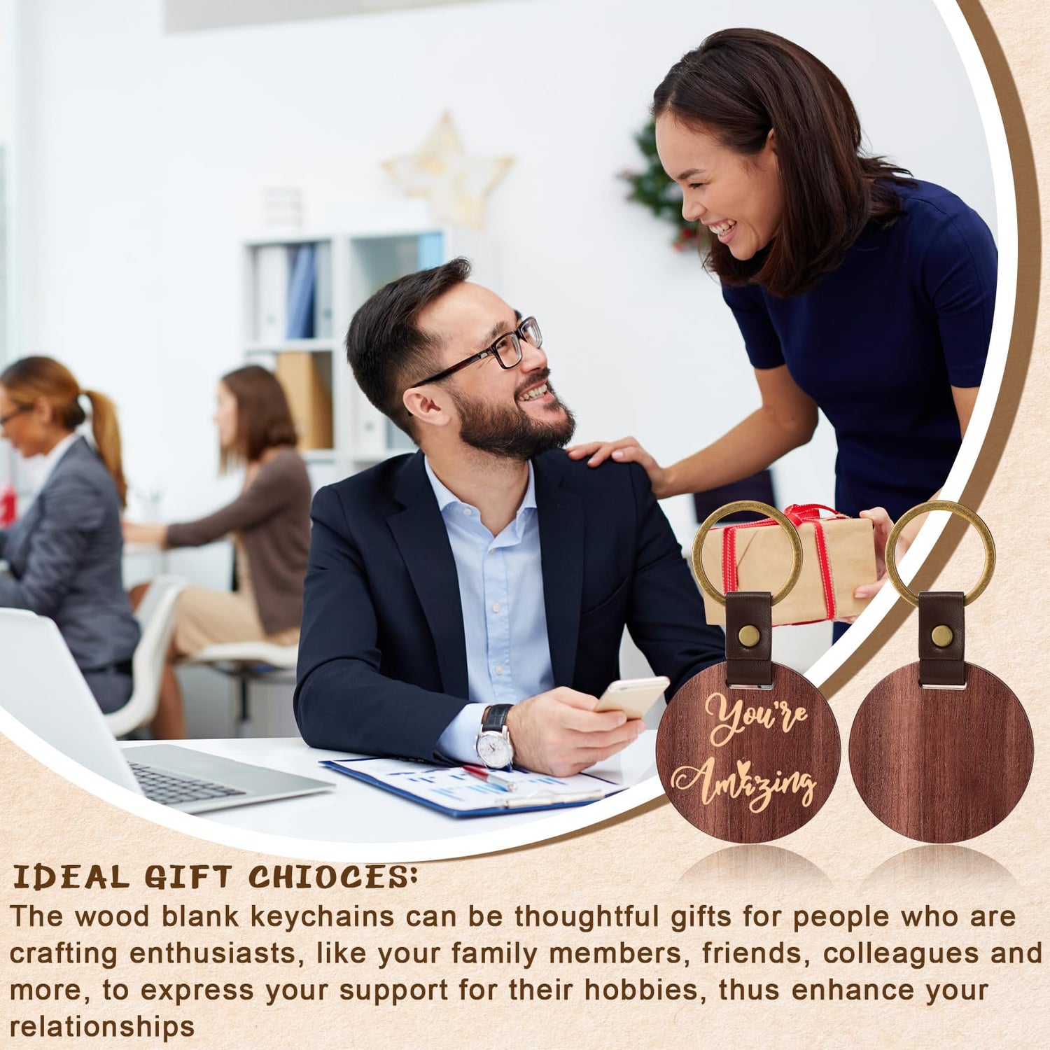 Ecally 36 Pcs Wooden Keychain Blanks Leather Strap Wood Keychain Blanks Round Wood Keyring with for DIY Employee Coworker Gift Craft Ecally