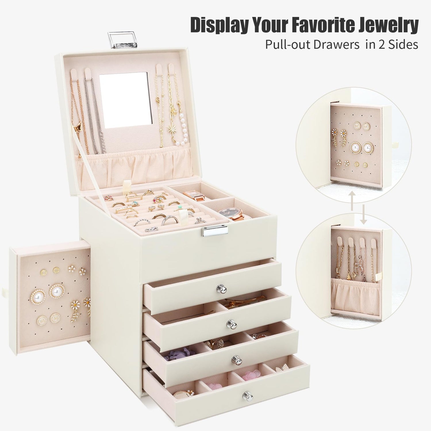 DesignSter Jewelry Organizer Box, 5 Layers Jewelry Box with side compartment, Large Leather Jewelry Storage Case With Mirror For Necklaces Earrings DesignSter
