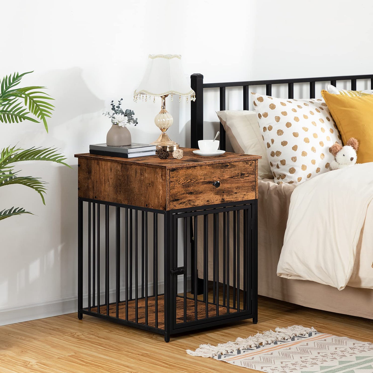 HOOBRO Dog Crate Furniture, Wooden Dog House, Decorative Dog Kennel with Drawer, Indoor Pet Crate End Table for Small Dog, Steel-Tube Dog Cage, HOOBRO