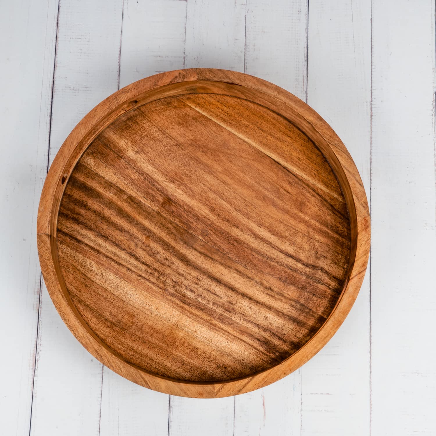 Samhita Round Serving Acacia Wooden Tray with Handles for Serving Beverages & Food on Bar Living Room Home Dining Table (12" x 12" x 1.6") Samhita