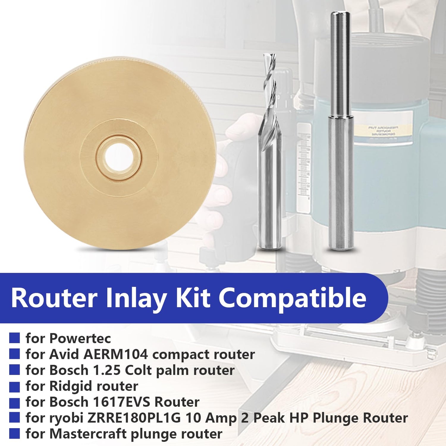 71333 Router Bits Solid Brass Inlay Kit for Powertec 1/4 Templates for High RPM Routing, Includes 1/8" Carbide Router Bit/Cutter + 1/4" Shank, Alocs