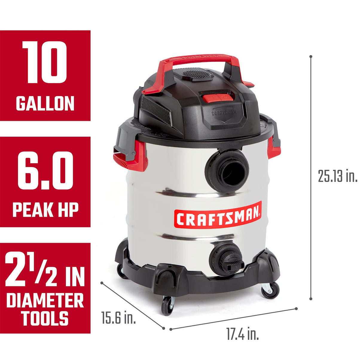 Craftsman CMXEVBE17155 10 Gallon 6.0 Peak HP Stainless Steel Wet/Dry Vac, Portable Shop Vacuum with Attachments Craftsman