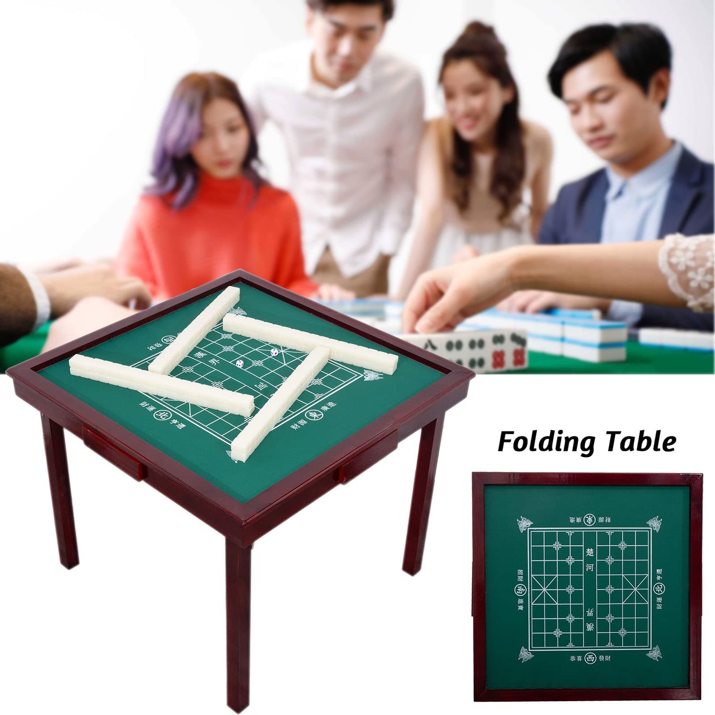 MJTABLE Wooden Mahjong Table, 35" Folding Square Card Tables, Wear-Resistant Nylon Desktop, Board Game Domino Table, Poker Cards, Mahjong, Board - WoodArtSupply