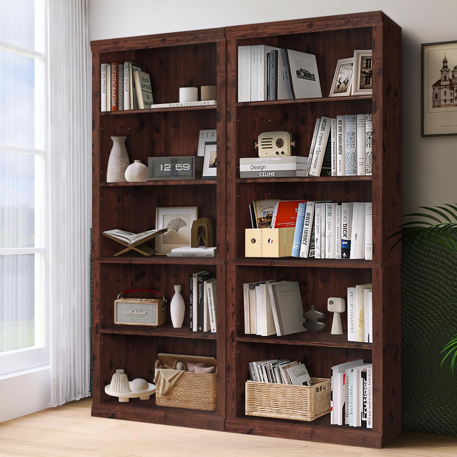 Vikiullf Cherry Wood Tall Bookshelf - 5 Adjustable Storage Shelves for Versatile Display - WoodArtSupply