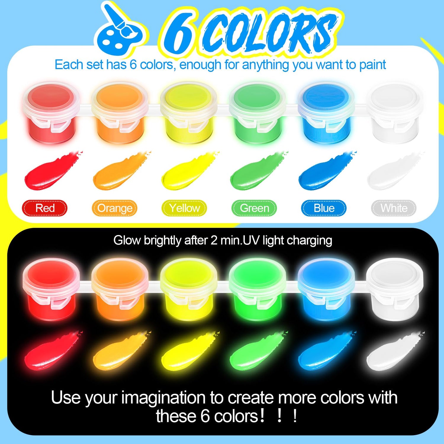 Fulmoon 6 Set Glow in The Dark Paint with Paint Brushes Black Light Neon Face Body Paint UV Acrylic Paint Set for Kids Halloween Christmas Painting Fulmoon