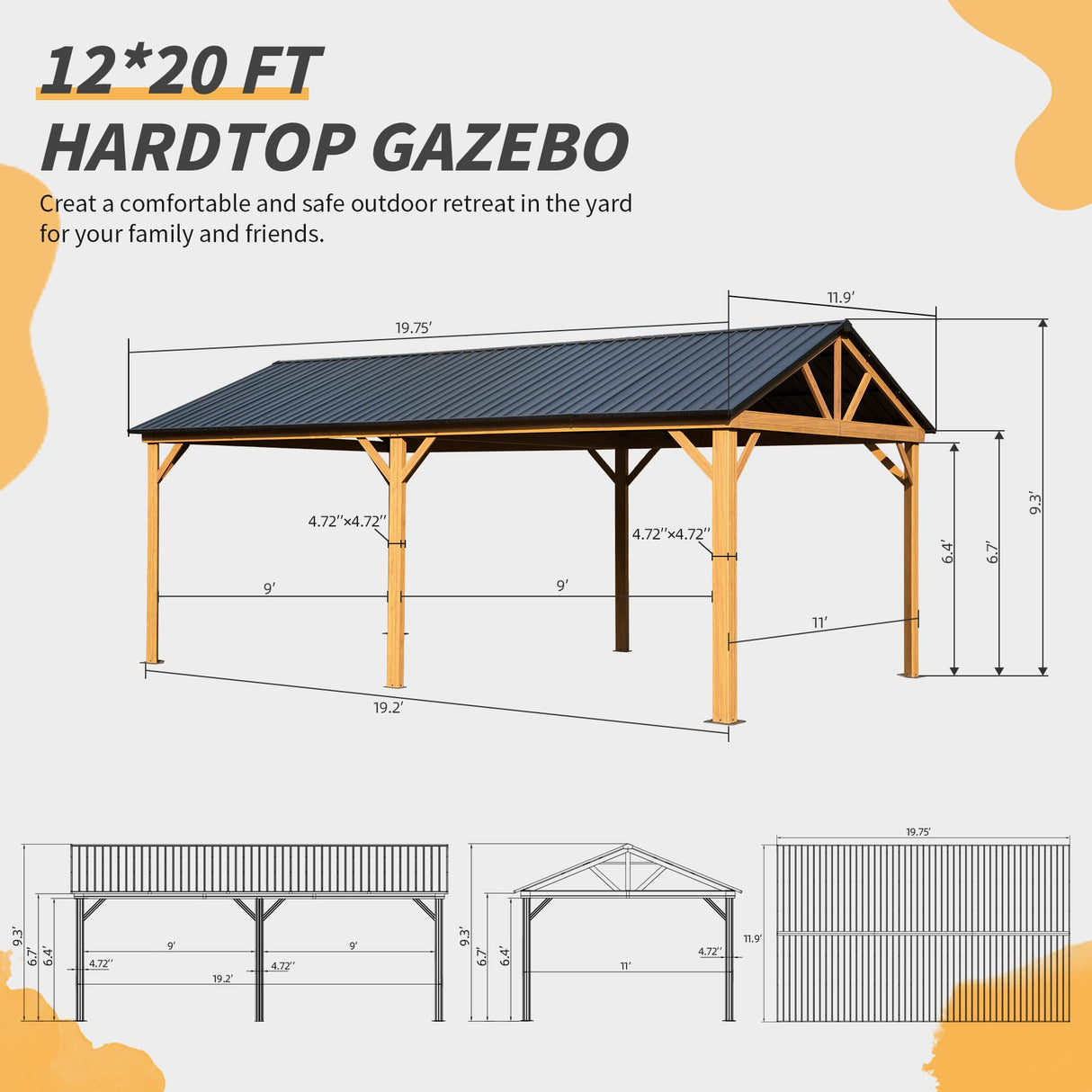 Domi 12’ x 20’ Hardtop Gazebo, Wooden Coated Aluminum Frame Canopy with Galvanized Steel Gable Roof, Outdoor Permanent Metal Pavilion for Patio, Deck domi outdoor living