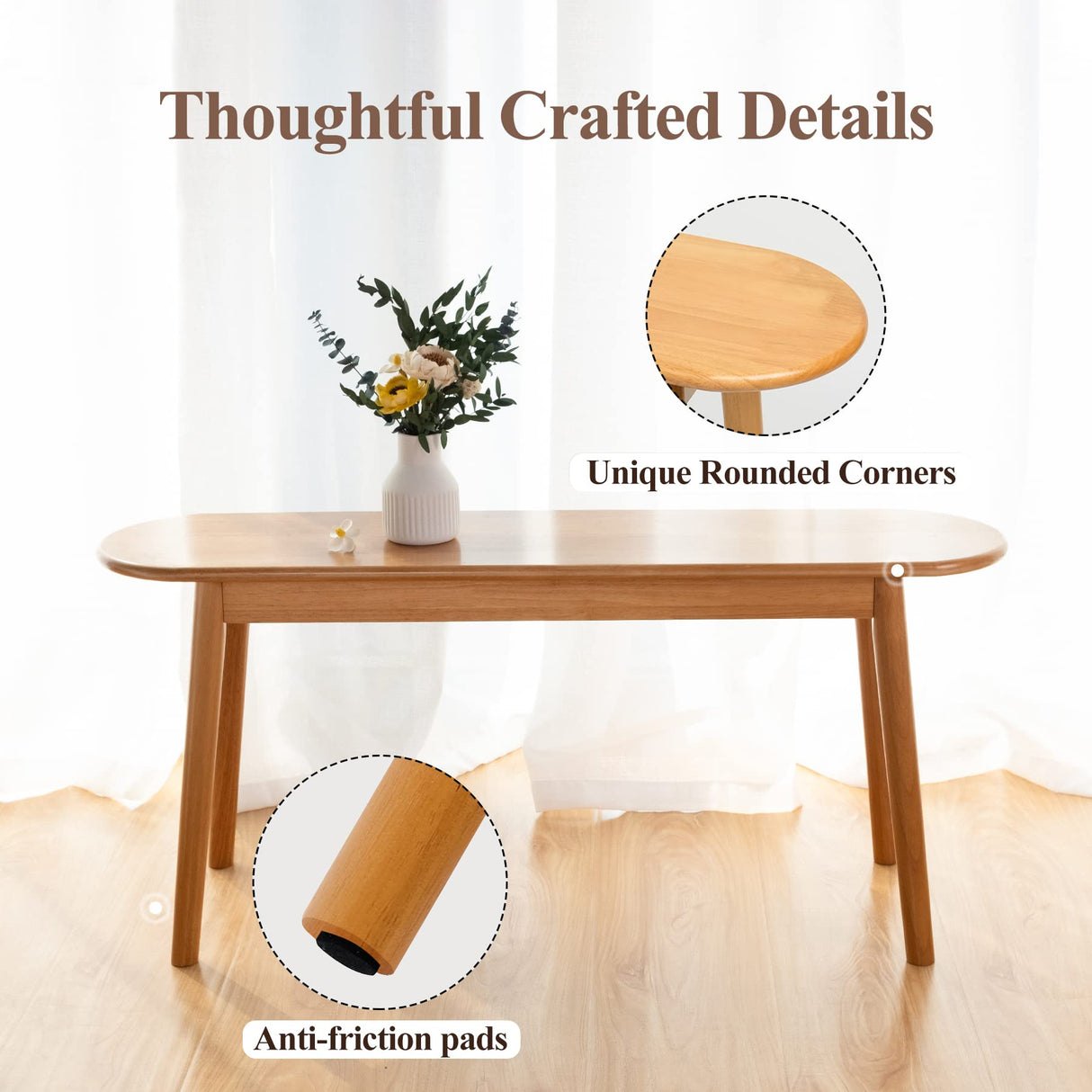 Cttasty Entryway Bench, Solid Wood Dining Bench, Midcentury End of Bed Bench w/Rounded Corner, Outdoor Bench w/Robust Construction, Bedroom Bench, Cttasty