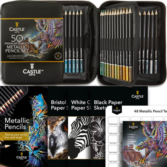 Castle Art Supplies 48 Metallic Colored Pencils Set with Extras | Quality Wax Cores with Shimmering Shades for Professional, Adult Artists, Colorists - WoodArtSupply