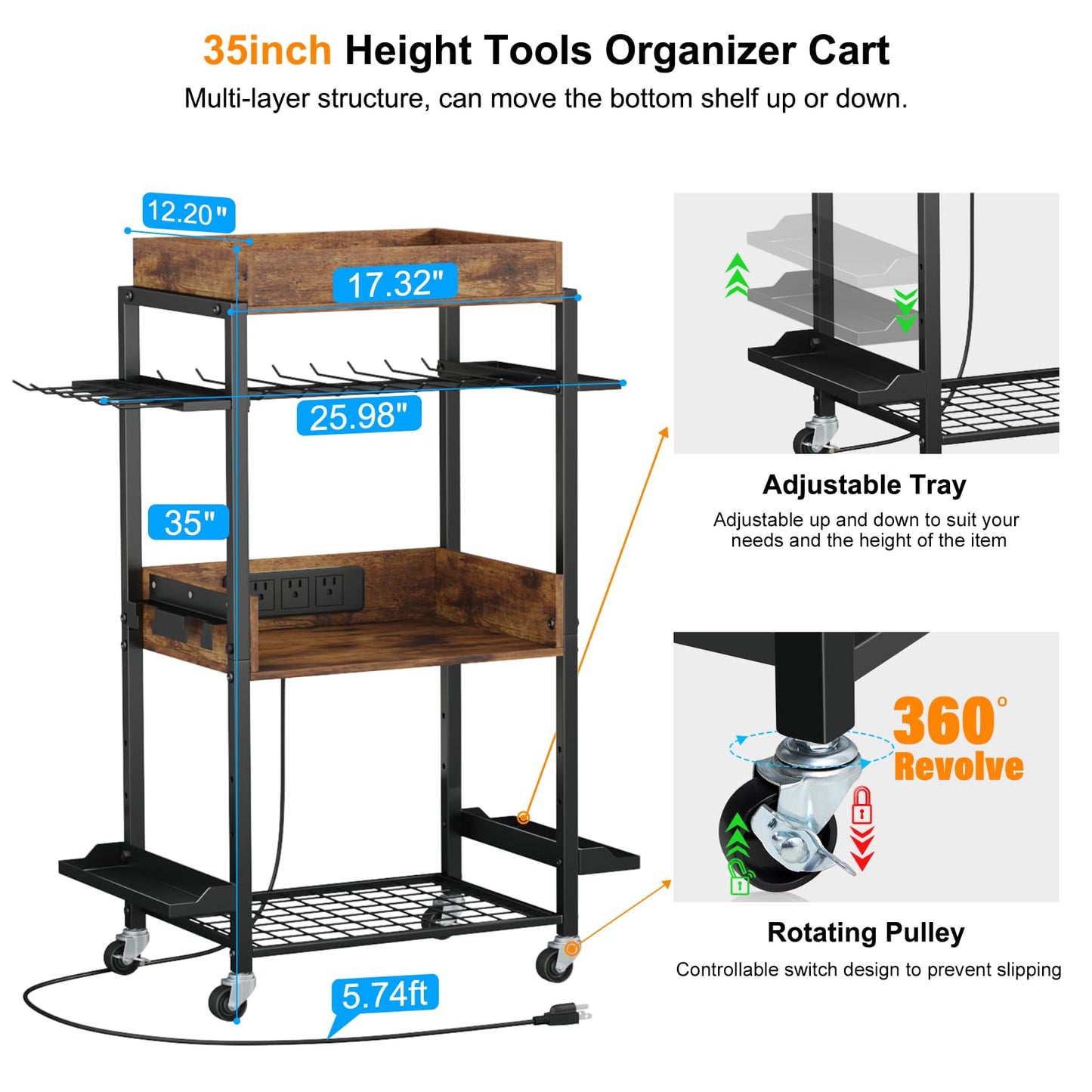 KAKSEY Tool Cart Organizer, Rolling Power Tool Storage with Charging Station Garage Tool Box Organizers on Wheels Heavy Duty Mechanic Utility Cart - WoodArtSupply