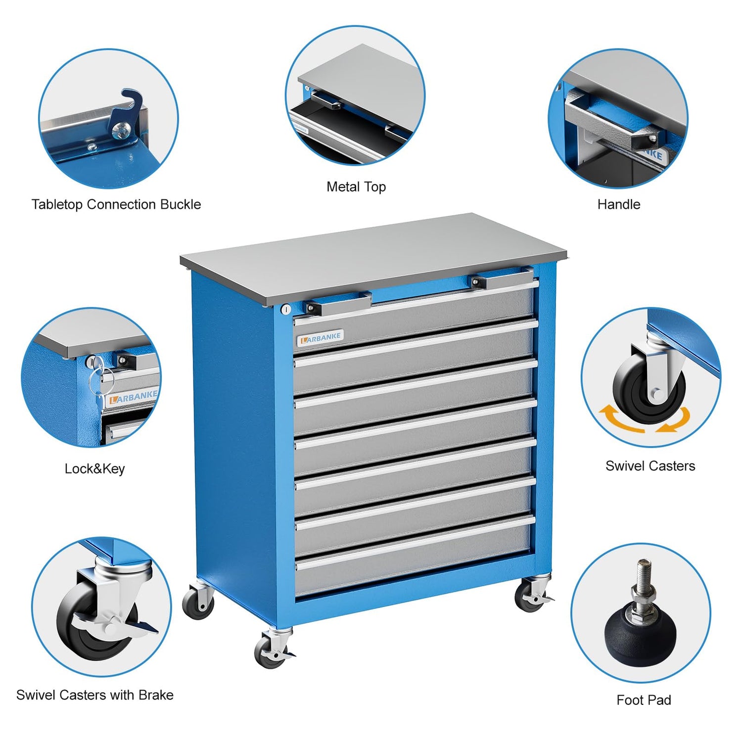 LARBANKE Tool Chest,7-Drawer Multifunctional Tool Cabinet,Rolling Tool Chest on Wheels with Keyed Locking System,and 4 Foot Pad,Tool Chet can be LARBANKE