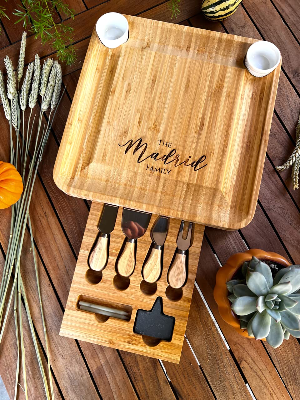 Personalized Bamboo Charcuterie Board Set/10pcs Cheese Board And Knife Set, Realtor Closing gift, Custom Charcuterie board, Wedding Gift - WoodArtSupply