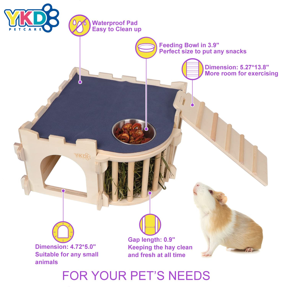 Large Guinea Pig Castle, Natural Wood Rabbit House with Ladder and Hay Feeder, Small Animal Hideout for Rabbit Guinea Pig Hedgehog Chinchilla YKD