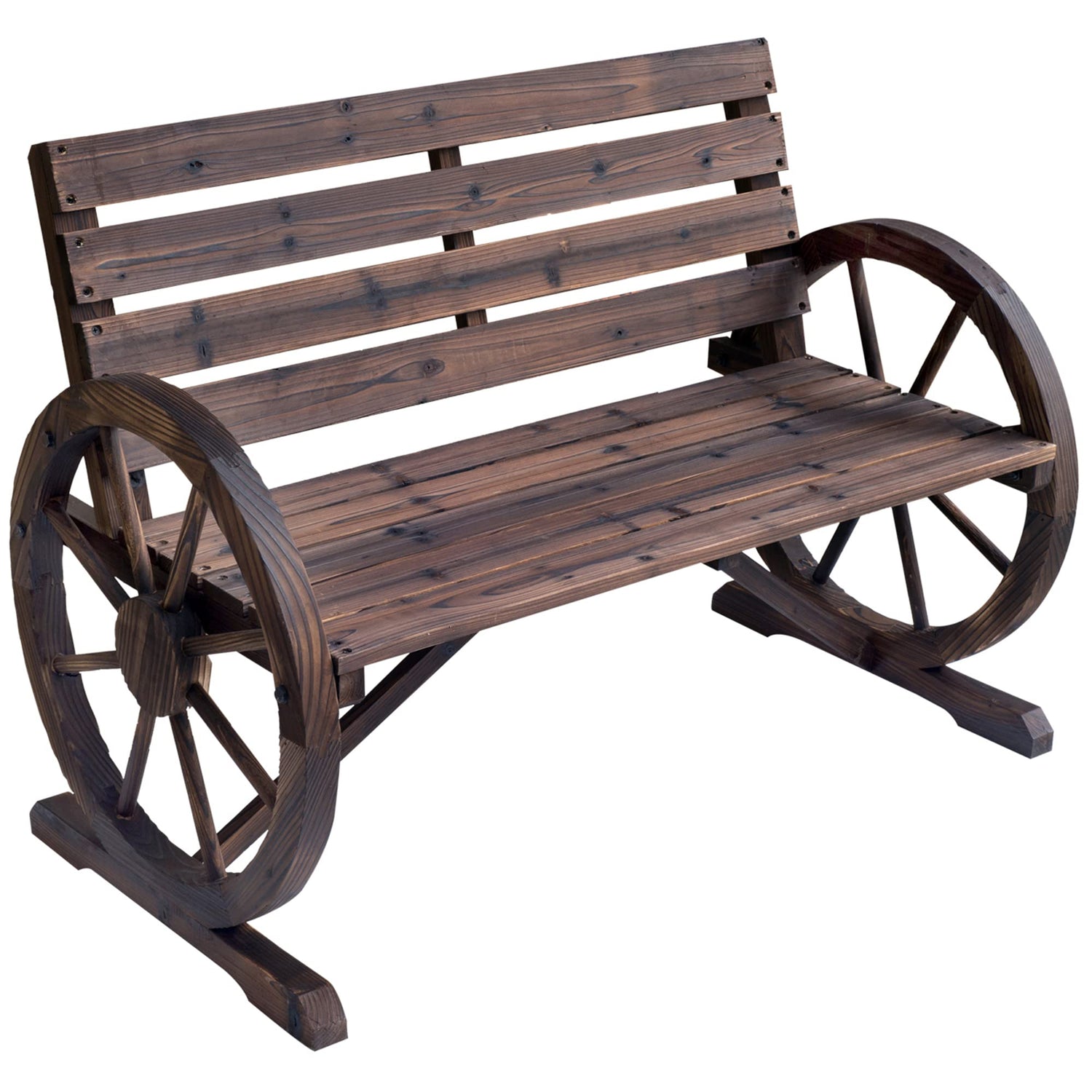 Outsunny Rustic Wagon Wheel Armrest Bench for Outdoor Patio - Brown 2-Person Seating Outsunny