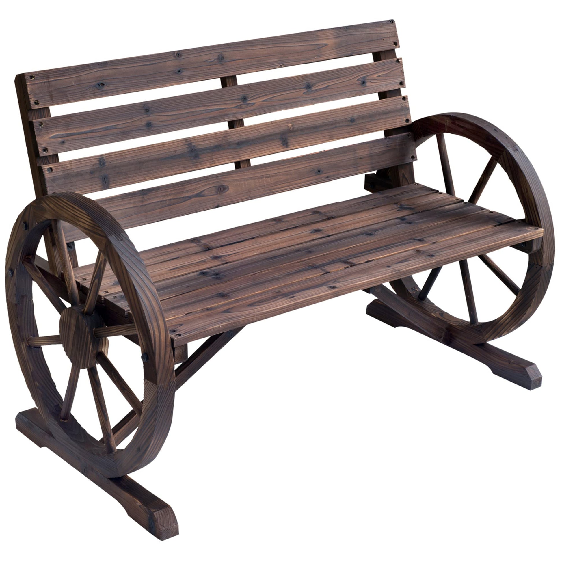 Outsunny Rustic Wagon Wheel Armrest Bench for Outdoor Patio - Brown 2-Person Seating - WoodArtSupply