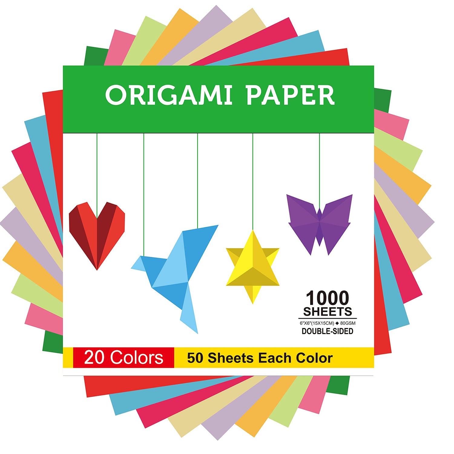 BUBU Origami Paper Kit 1000 Sheets 6 Inch Square Double Sided Color 20 Vivid Colors for Beginners Trainning and School Craft Lessons BUBU