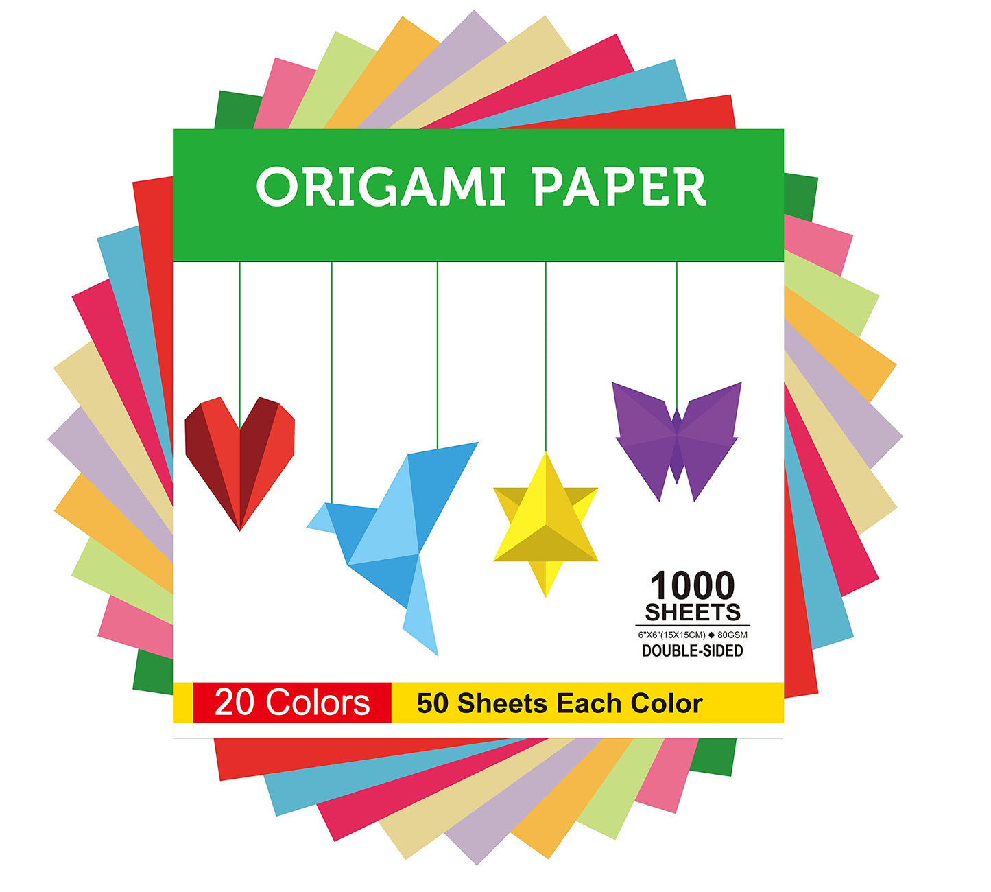BUBU Origami Paper Kit 1000 Sheets 6 Inch Square Double Sided Color 20 Vivid Colors for Beginners Trainning and School Craft Lessons
