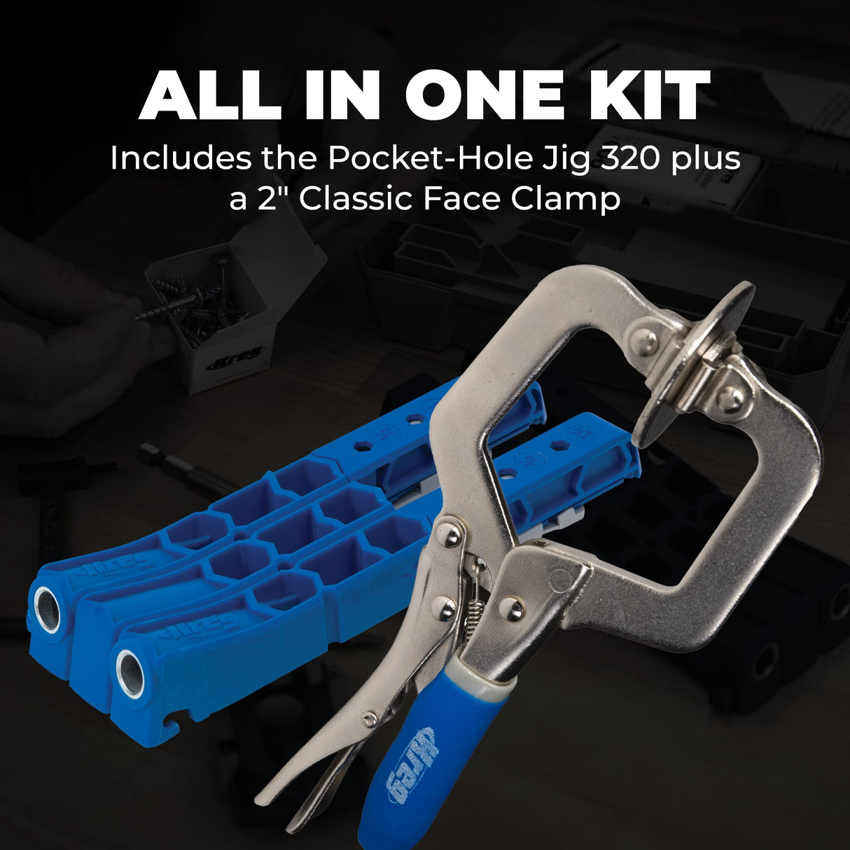 Durable Kreg Pocket-Hole Jig 320 with Classic 2" Face Clamp - Includes Wood Clamps for Woodworking & Tight Spaces - For Materials 1/2" to 1 1/2" KREG