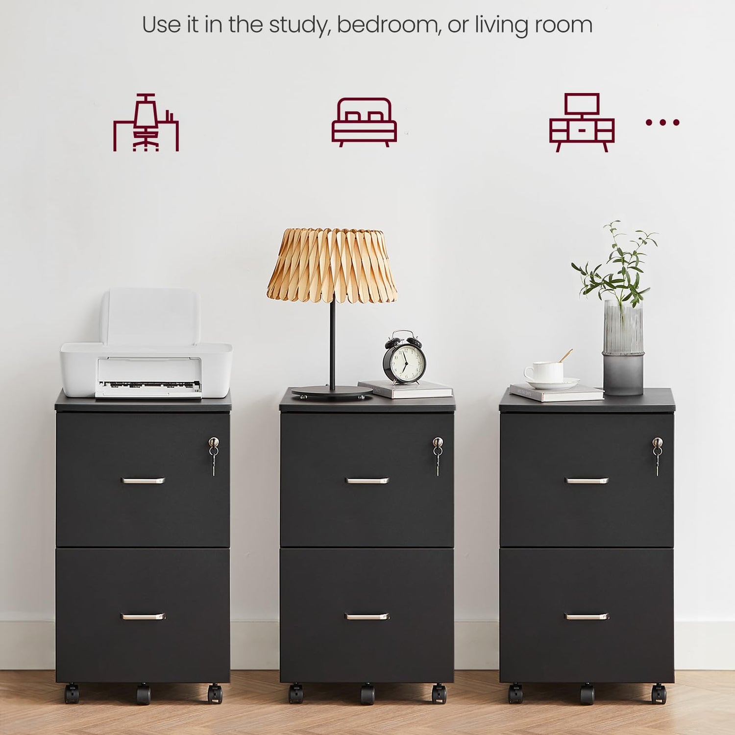 VASAGLE 2-Drawer File Cabinet, Locking Wood Filing Cabinet for Home Office, Small Rolling File Cabinet, Printer Stand, for A4, Letter-Size Files, VASAGLE