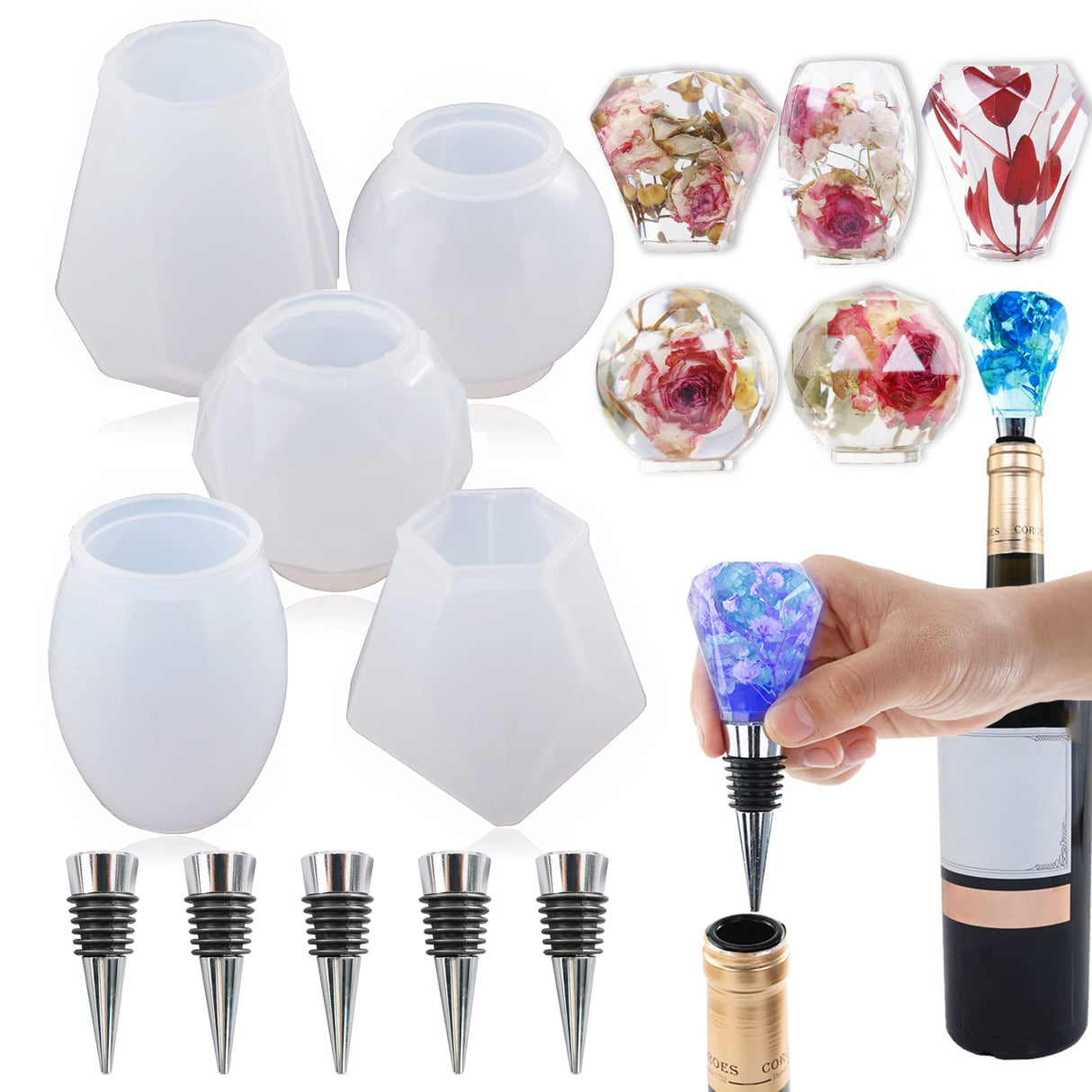 Silicone Resin Molds Set with 5PCS Wine Stoppers, 5PCS Wine Bottle Stopper Saver Mold, Crystal Gem Stone Epoxy Resin Mold, Geometric Spherical Wehous