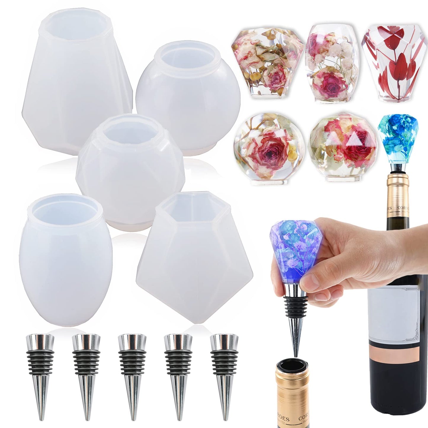 Silicone Resin Molds Set with 5PCS Wine Stoppers, 5PCS Wine Bottle Stopper Saver Mold, Crystal Gem Stone Epoxy Resin Mold, Geometric Spherical