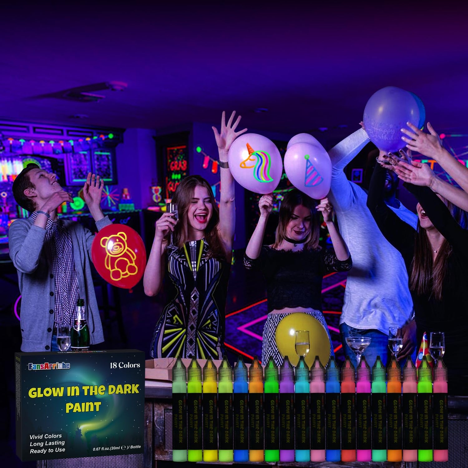 FansArriche Glow in the Dark Fabric Paints, 18 Colors x 20 ml 3D Waterproof Acrylic Textile Paint Markers, Glow in Dark Paint Pen, DIY Neon Fabric FansArriche