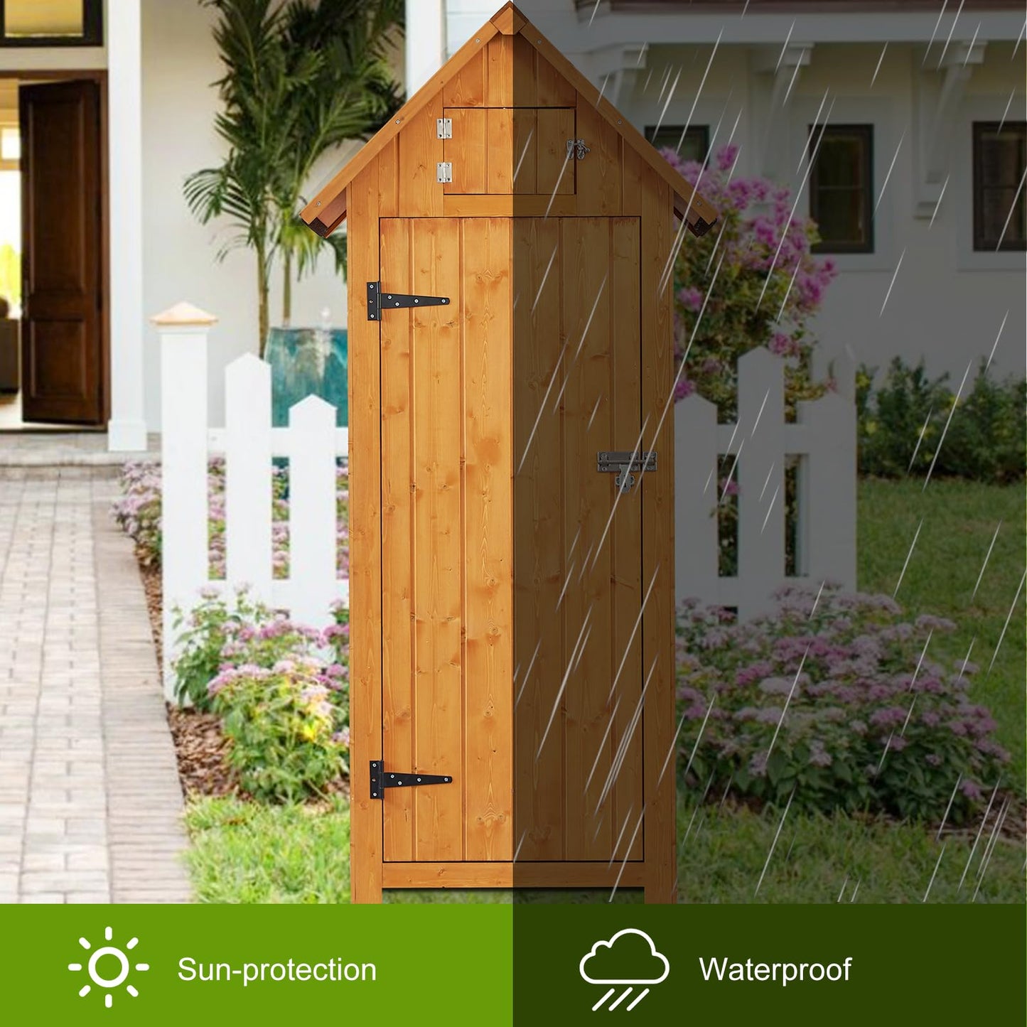 FairOnly Outdoor Shed Storage Cabinet, Garden Wooden Sheds, Outside Storage Cabinet Weather Proof with Floor, Fir Wood Tool Organizer with Door and - WoodArtSupply