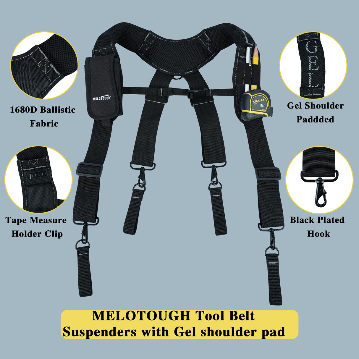 MELOTOUGH Work Belt Suspender Tool Belt Suspenders Bag Suspenders for Men Heavy Duty with Gel Shoulder Pad Detachable Phone Holder for MELOTOUGH