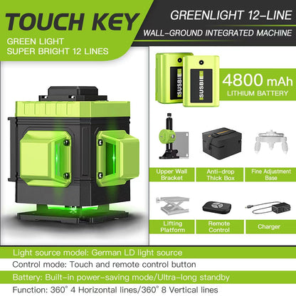 Susbie Laser Level -3x360° Cross Line Laser for Construction and Picture Hanging-12 Green Lasers with Self-leveling-Level Tool with 10000 mAh - WoodArtSupply