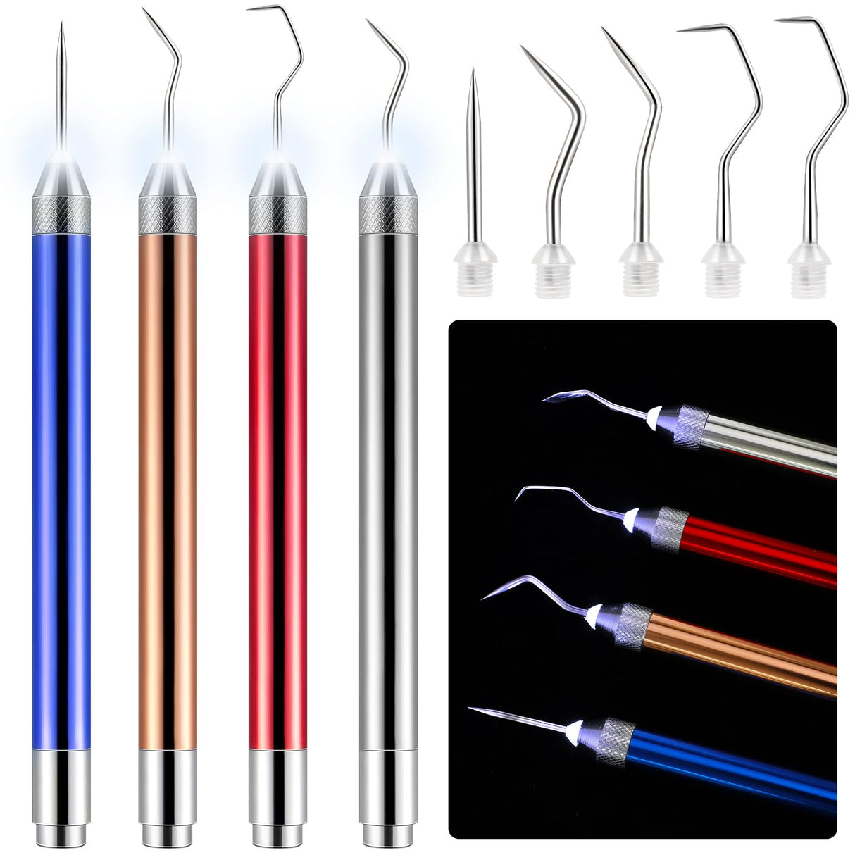 Leriton 4 Pcs LED Weeding Tools for Vinyl with Light Vinyl Weeding Tool with Pin and Hook Lighted Pin Pen Weeding Tool for Removing Iron on Tiny Leriton