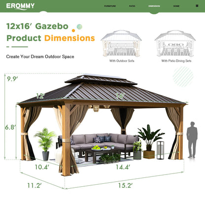 EROMMY 12' x 16' Gazebo, Wooden Finish Coated Aluminum Frame Canopy with Double Galvanized Steel Hardtop Roof, Outdoor Permanent Metal Pavilion with