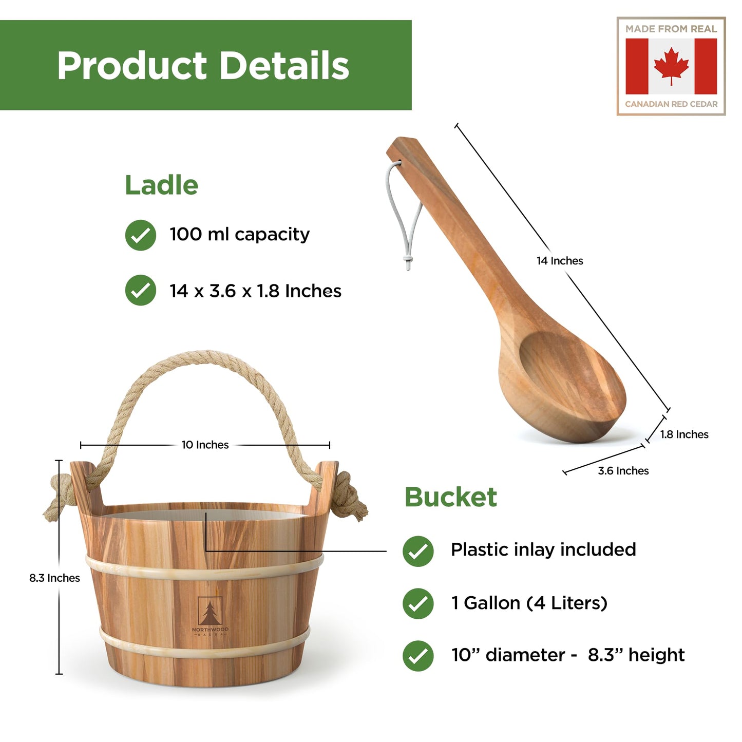 NORTHWOOD Sauna Bucket and Ladle Set - Handmade from Canadian Red Cedar Wood - Plastic Liner and Rope Handle