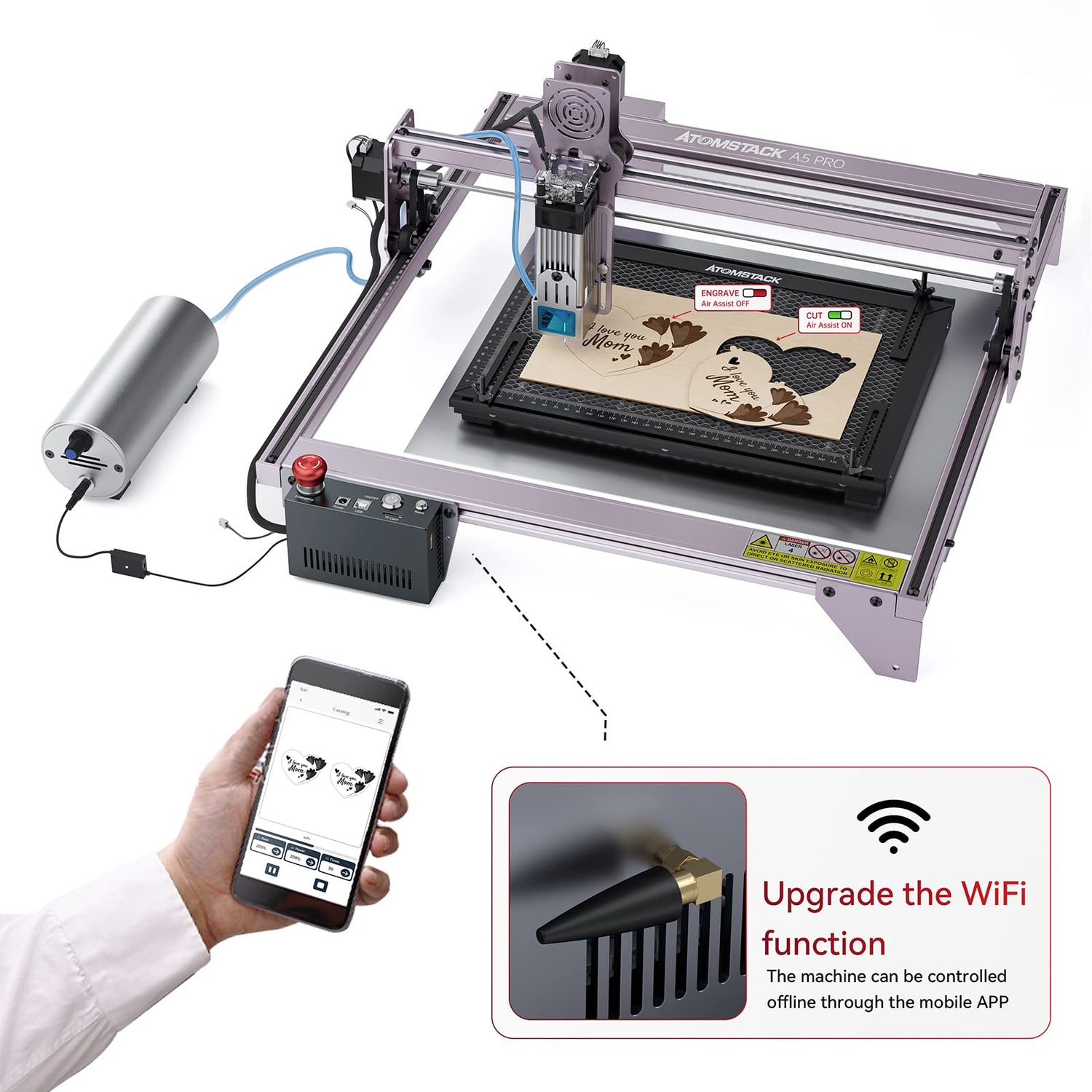ATOMSTACK AIC1 Air Assist Automatic Control Kits for Frame-Shaped Laser Engraver, Auto ON/Off Air Assist for LightBurn M7, Support Offline Engraving, ATOMSTACK