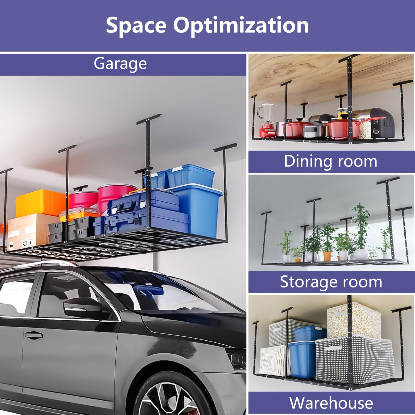 AbyssZen 4x8 Overhead Garage Storage Rack, Adjustable Garage Storage Organization Systerm, Heavy Duty Metal Garage Ceiling Storage Racks, 800lbs