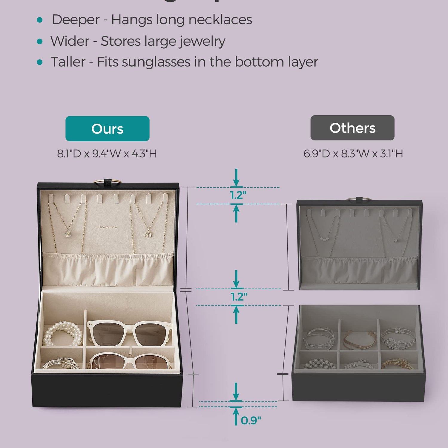 SONGMICS 2-Layer Jewelry Box, Jewelry Organizer with Handle, Removable Jewelry Tray, Jewelry Storage, Floating Effect, 8.1 x 9.4 x 4.3 Inches, Gift SONGMICS
