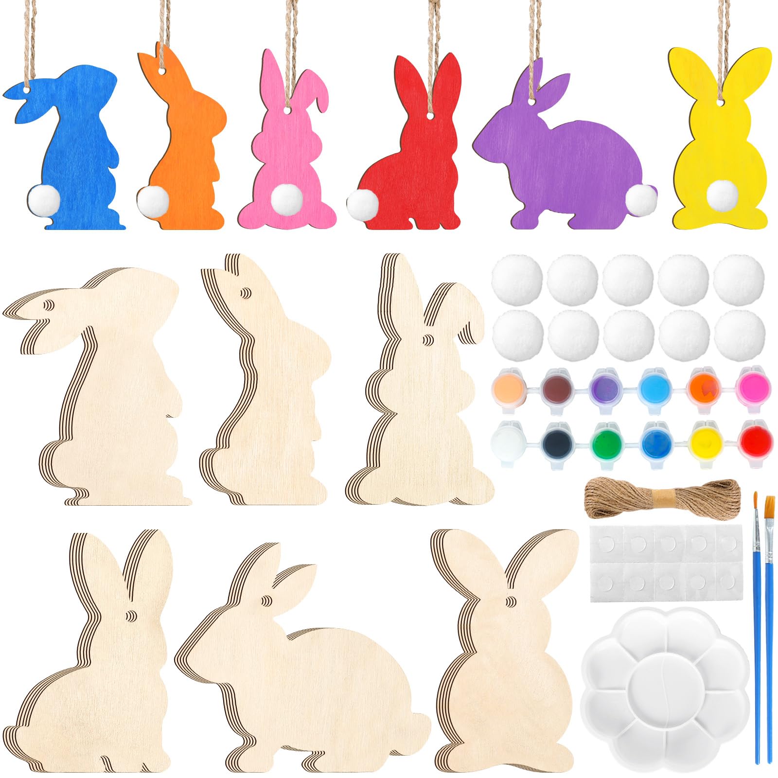 Whaline 30Pcs Easter DIY Crafts Sets Unfinished Wood Bunny Cutouts with Paints Brushes Palette Felt Balls Ropes Glue Points Spring Rabbit Wood - WoodArtSupply