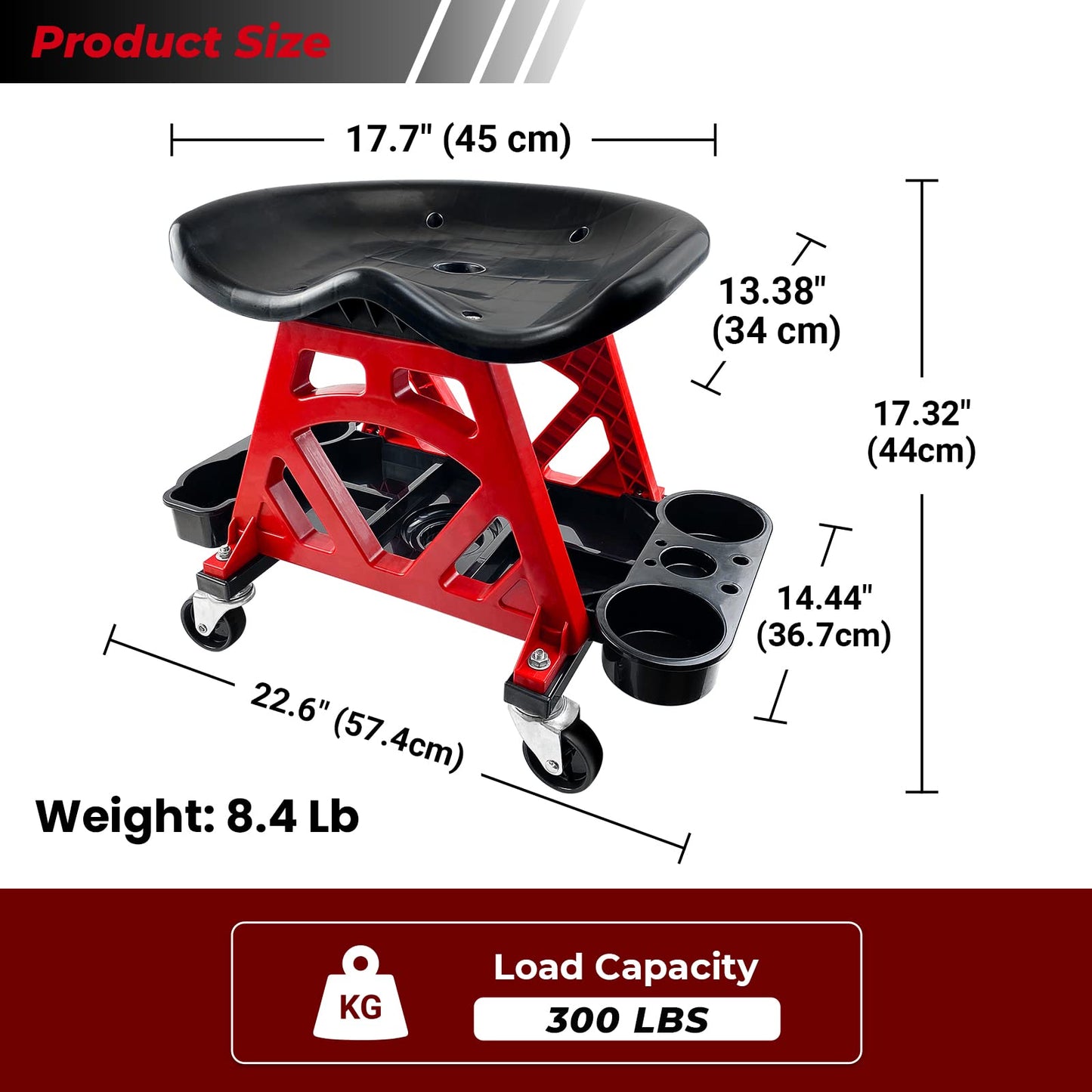 ROBLOCK Durable Mechanic Stool Chair with Wheels, Heavy Duty Garage Shop Stool On Wheels, Rolling Stool Car Detailing Creeper Seat with Tool Tray for