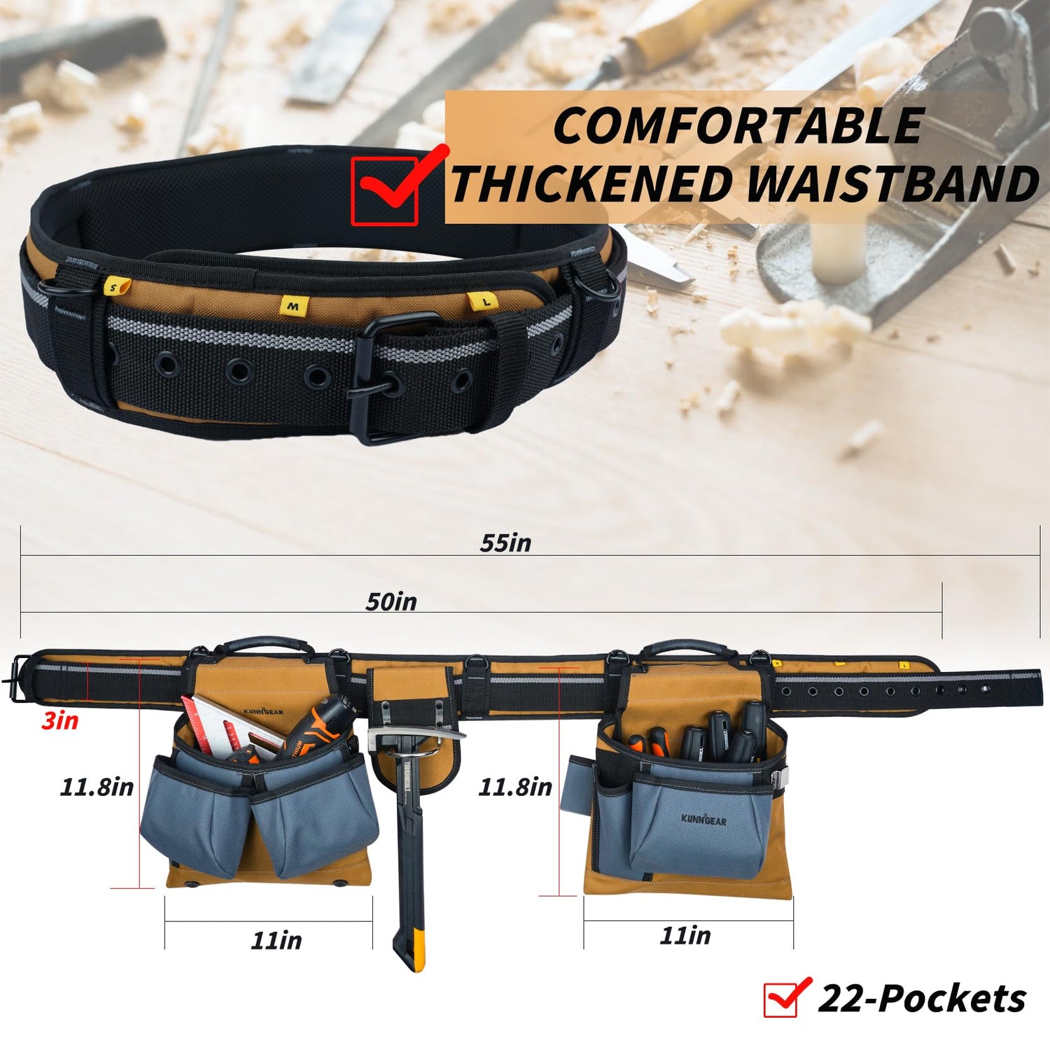 KUNN Carpenter Tool Belt with Suspenders Pro Framer Suspension Tool Rig for Construction Contractors and Electrician,Khaki KUNN