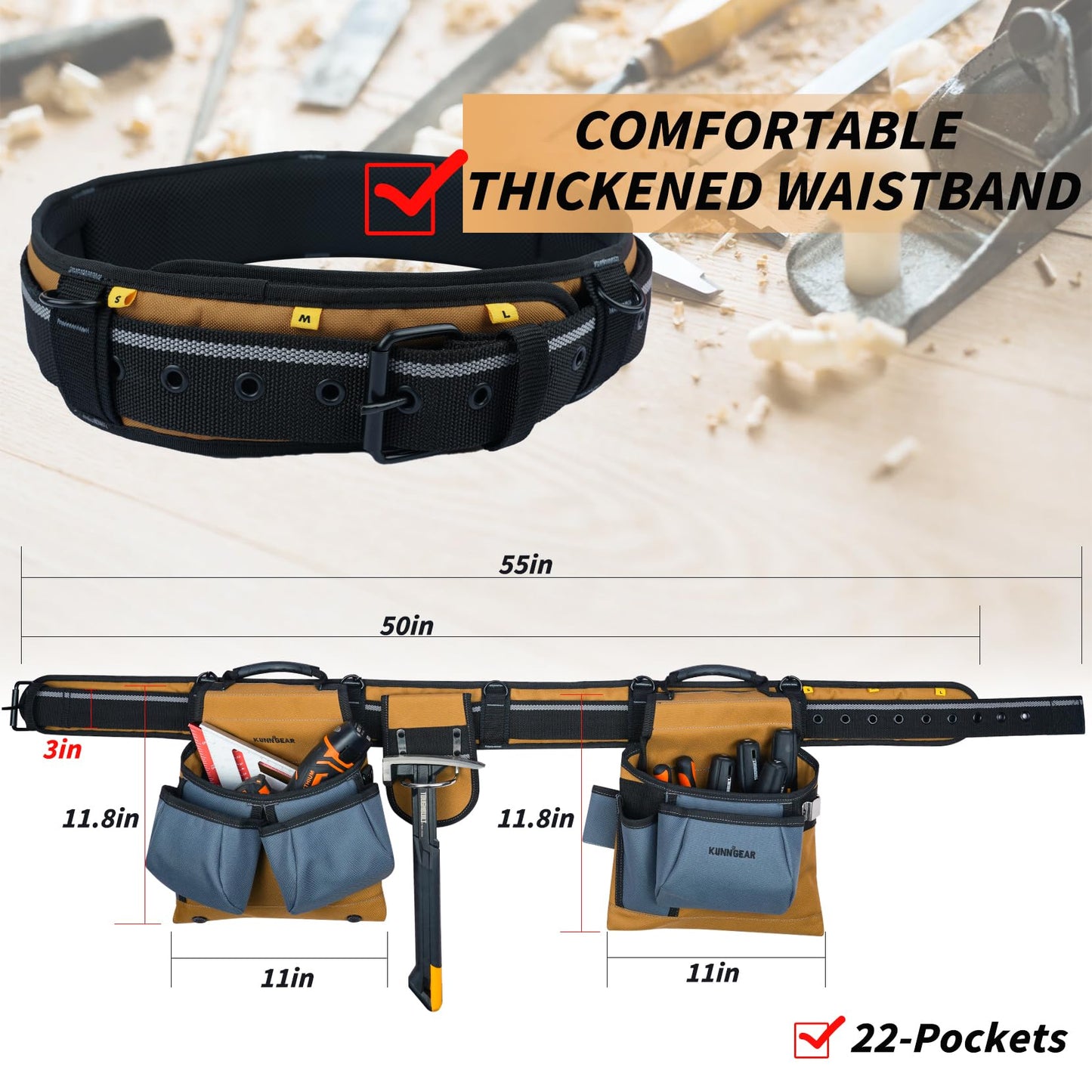 KUNN Carpenter Tool Belt with Suspenders Pro Framer Suspension Tool Rig for Construction Contractors and Electrician,Khaki - WoodArtSupply