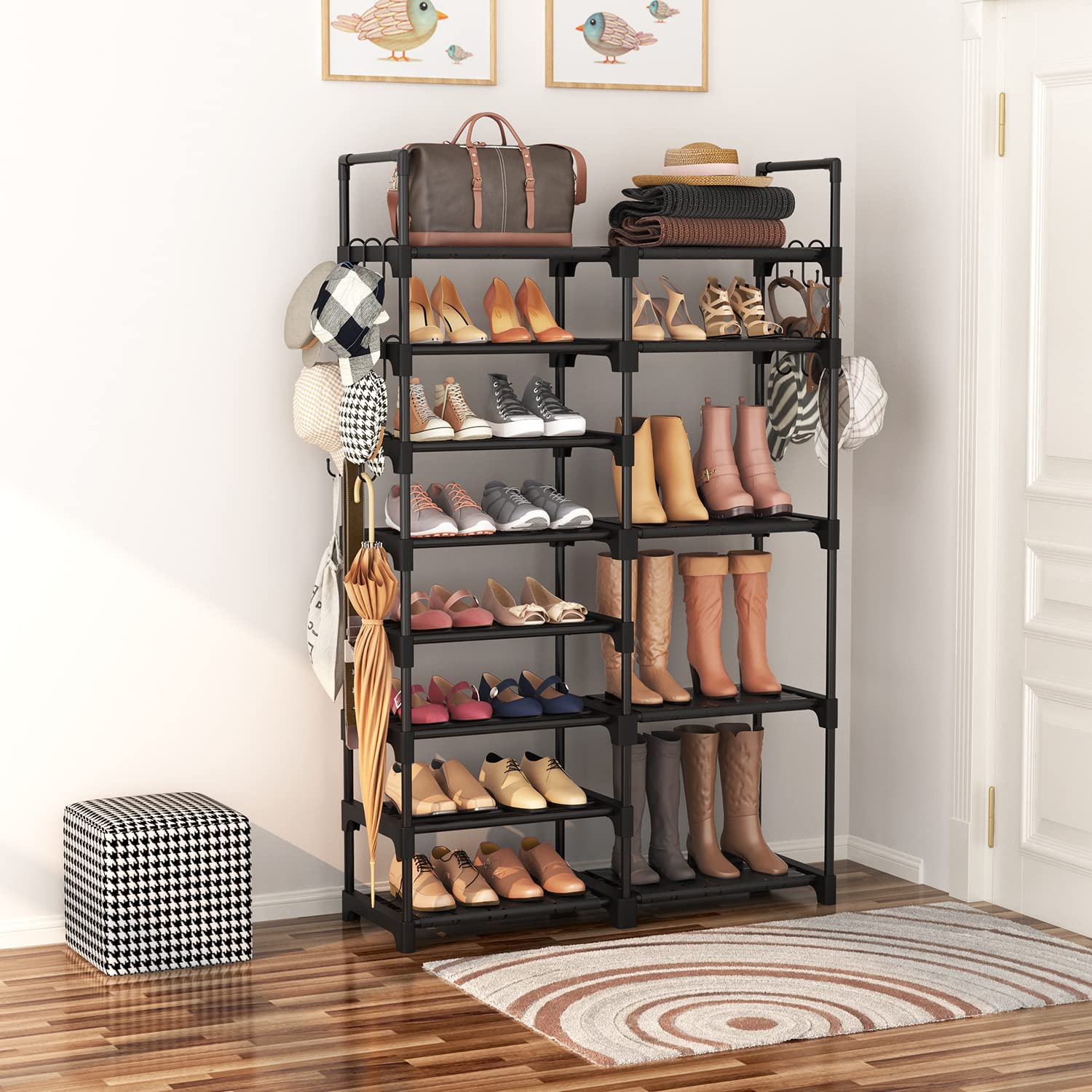 ROJASOP Shoe Rack Organizer, 8-Tier Metal Shoe Rack for Closet Entryway Garage, 26-32 Pairs Tall Shoe Boot Storage Shelf with 15 Hooks, Stackable ROJASOP