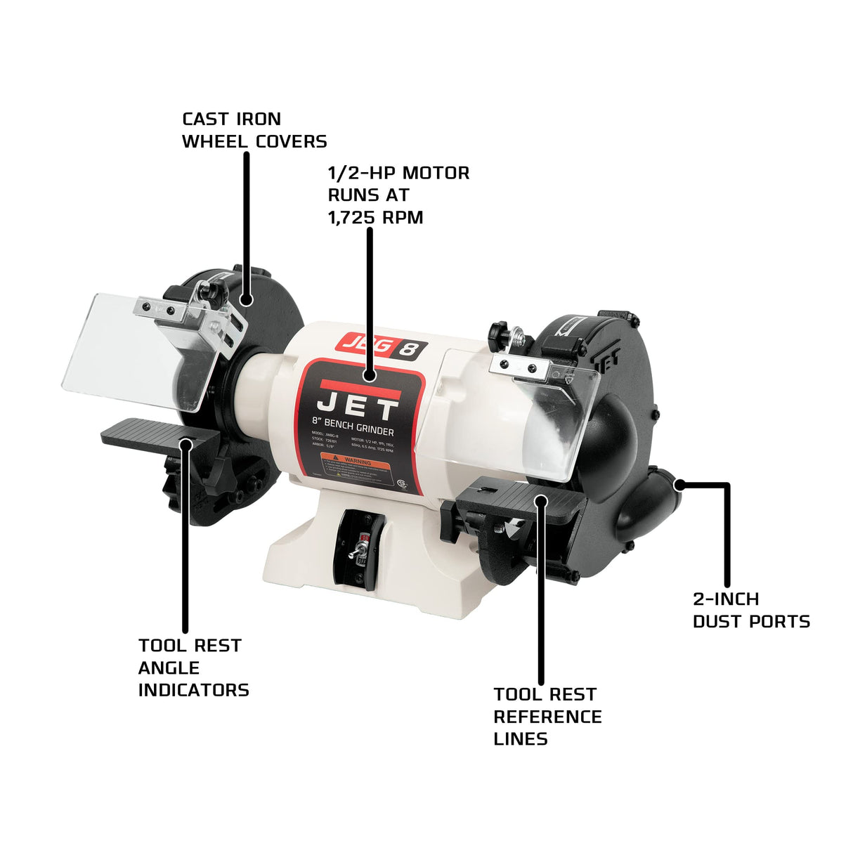 JET 8-Inch Bench Grinder, No Wheels, 1725 RPM, 1/2 HP, 1Ph 115V (JWBG-8NW) Jet