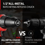 DCK Brushless Hammer Drill, 20V Max Hammer Drill Cordless, 531In-lb,36000 BPM,1/2" All-Metal Chuck, Variable Speeds, 22+1+1 Torque Setting, 4.0Ah DCK