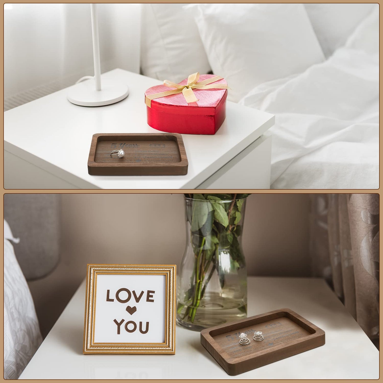 Gerrii Anniversary Wood Gift Rectangle Engraved Tray Wedding Anniversary Wood Gifts for Him Husband Wife Trinket Dish Solid Wood Jewelry Display Tray Gerrii