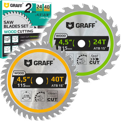 GRAFF Set 4-1/2-Inch Circular Saw Blade with 3/8-Inch Arbor - 24-Teeth & 40-Teeth Grinder Saw Blade for Wood, Plywood, Drywall, MDF, Plastic - Wood