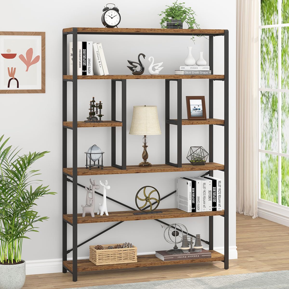 LVB Rustic Bookcases and Book Shelves, Metal Wood 6 Tier Bookshelf and Book Rack Storage, Industrial Vertical Display Etagere Book Case 6 Shelf,