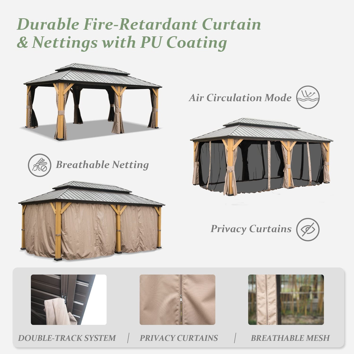 Domi 12x20 ft Wood Gazebo, Cedar Wood Frame Hardtop Gazebo with Galvanized Steel Double Roof, Outdoor Gazebo with Netting and Curtains, Patio Gazebo domi outdoor living