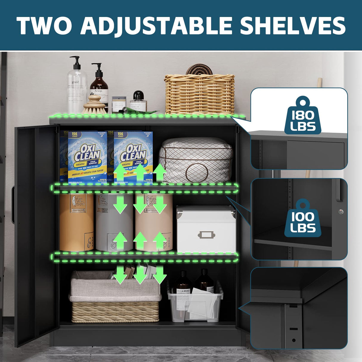 MIIIKO Metal Storage Cabinet with Locking Doors, 2-Door Metal Locker with 2 Shelves, Black Metal Cabinet with Lock for Home Office, Garage, Utility MIIIKO