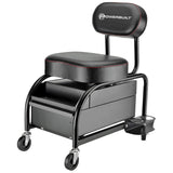 Powerbuilt Professional Car Detailers Mechanics Roller Seat, Heavy Duty Garage Stool with Thick Padded Seat and Backrest, 2 Sliding Storage Drawers, Powerbuilt