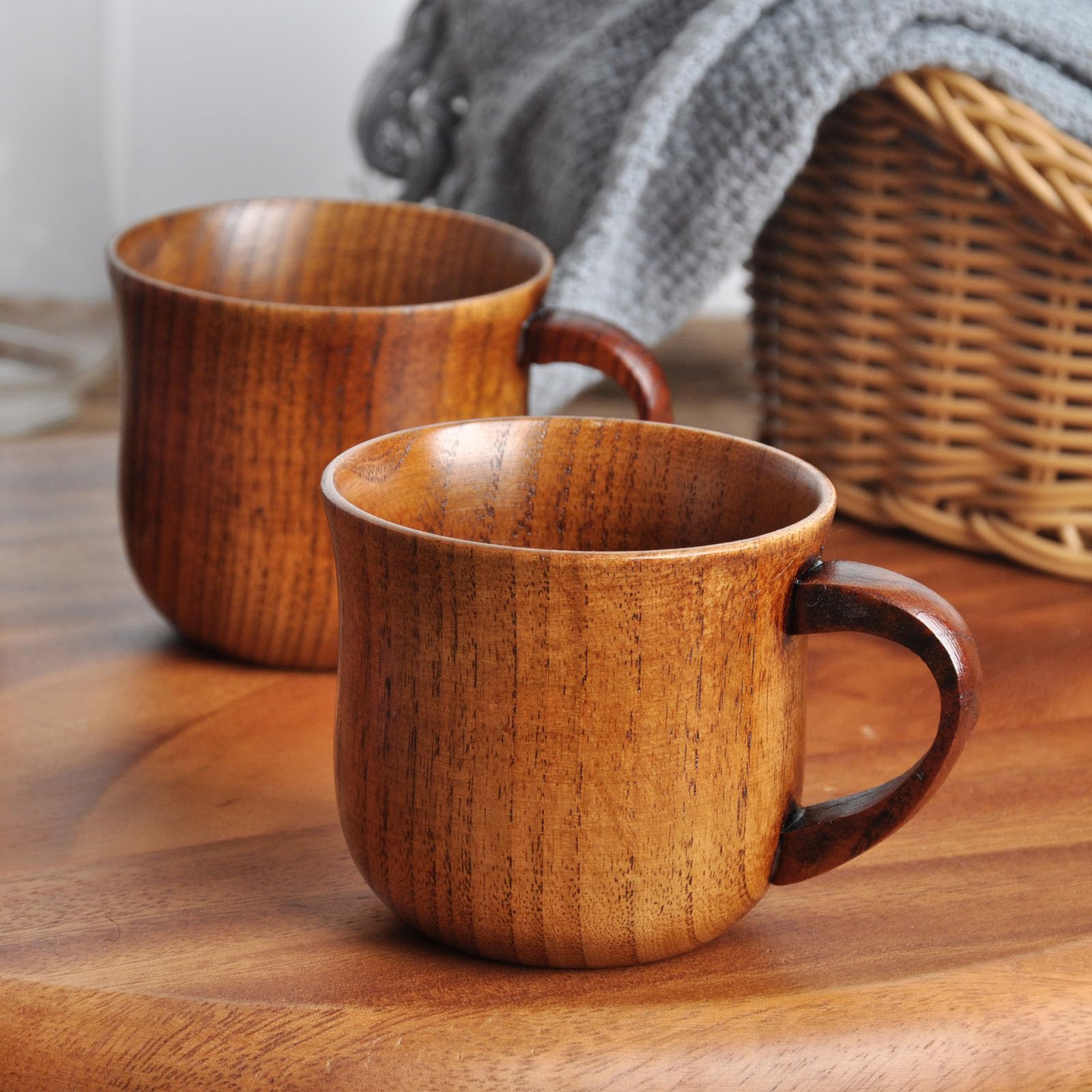 4 Pack Handle Wooden Mug Wooden Cup Natural Solid Wood Mug for Drinking Tea Beer Milk Coffee Hot Drinks Small Reverse Side Ear Cup - WoodArtSupply