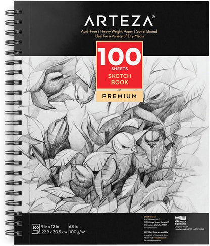 Arteza 9X12" Sketch Book, 100 Sheets (68 lb/100gsm), Spiral Bound Artist Sketch Pad, Durable Acid Free Drawing Paper, Ideal for Adults & Teens, - WoodArtSupply